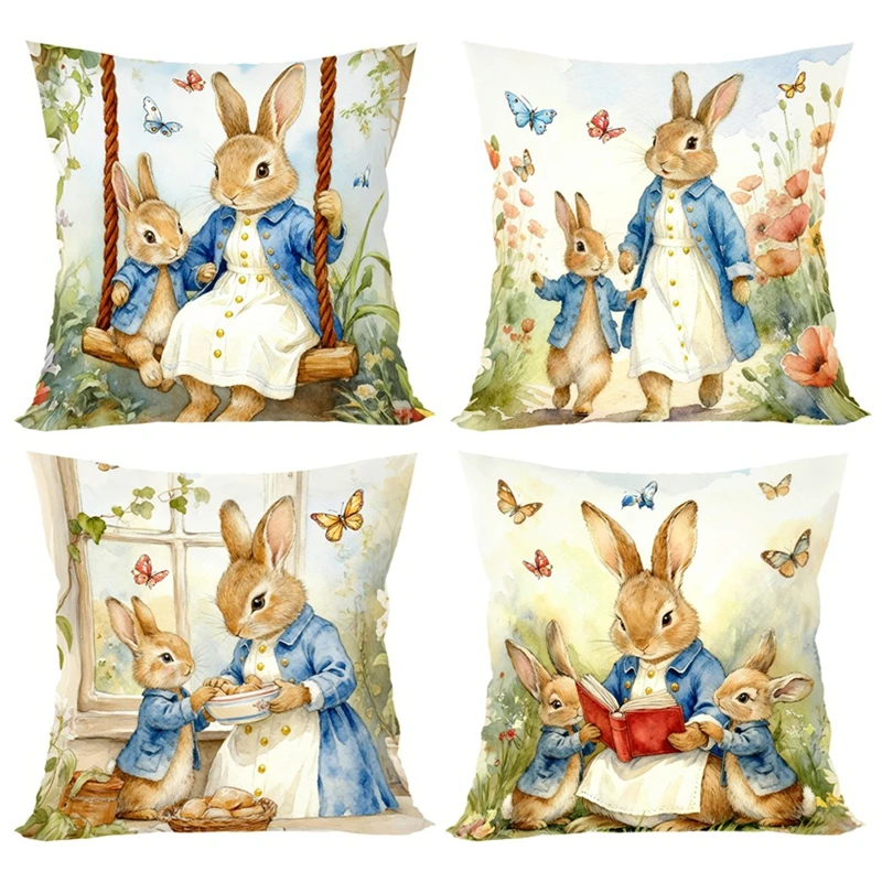 Vintage Oster-Dekoration Kissenbezüge mit Hasen, Eiern und Blumenmuster für Frühlings-Feiertage, Dekorative Kissenhüllen für Sofa, Couch und Heimdekoration