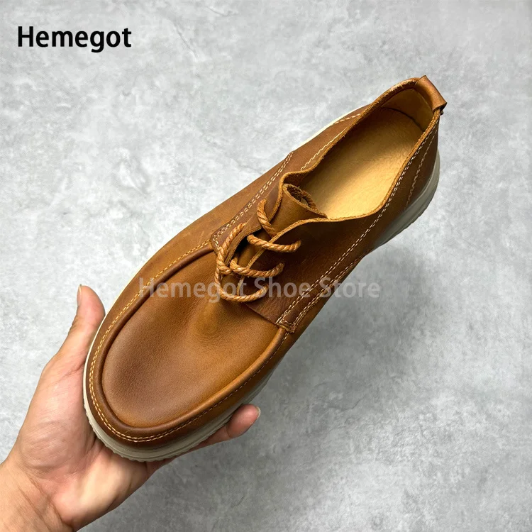 Breathable Cowhide Casual Shoes Men\'s Lace-Up Thick Soled Soft Leather Casual Leather Shoes British Style Handmade Retro Shoes