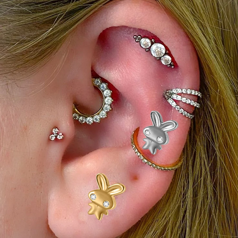 1/2/9PCS Titanium Animal Cat Rabbit Bird Earring Stud Internal Threaded Lip Nail Earbone Nail Nose Nail  Zircon Piercing Jewelry