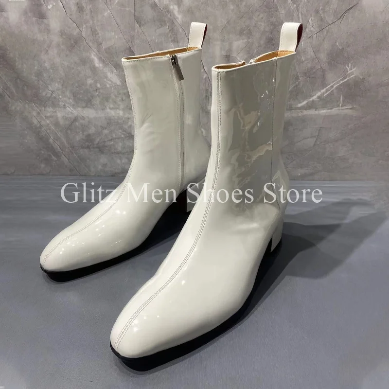 White Patent Leather Zipper Men\'s Boots Winter Ankle Boots Classical Casual British Style Handmade Office Shoes Men Boots