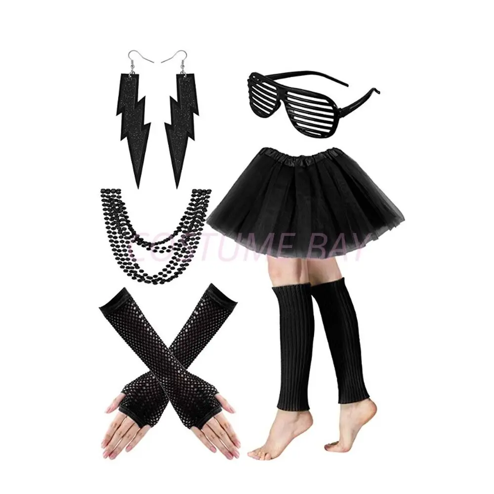 PESENAR Womens Neon 80s Tutu Skirt Fancy Dress 6pcs Accessories Set Themed Party Costume