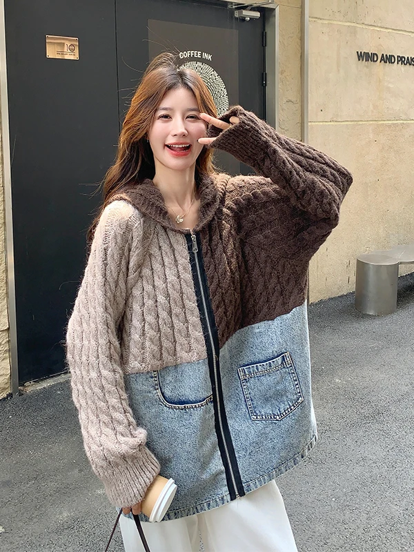

Women's Denim Patchwork Knitted Hoodie Cardigan Sweater Spring Autumn Slimming Top Cleanfit Straight Cut Long Sve Zipper
