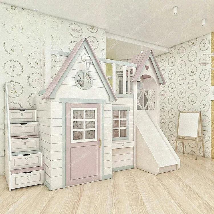 Multifunctional Girl Castle Solid Wood Children's Bed with Slide House Bed Lower Bunk bedroom furniture  slaapkamer meubels