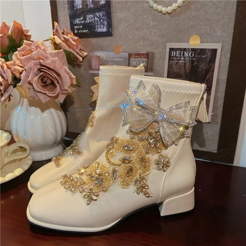 Heavy industry water diamond beaded lace fashionable leather boots, apricot-colored square toe exquisite high heels 35-40