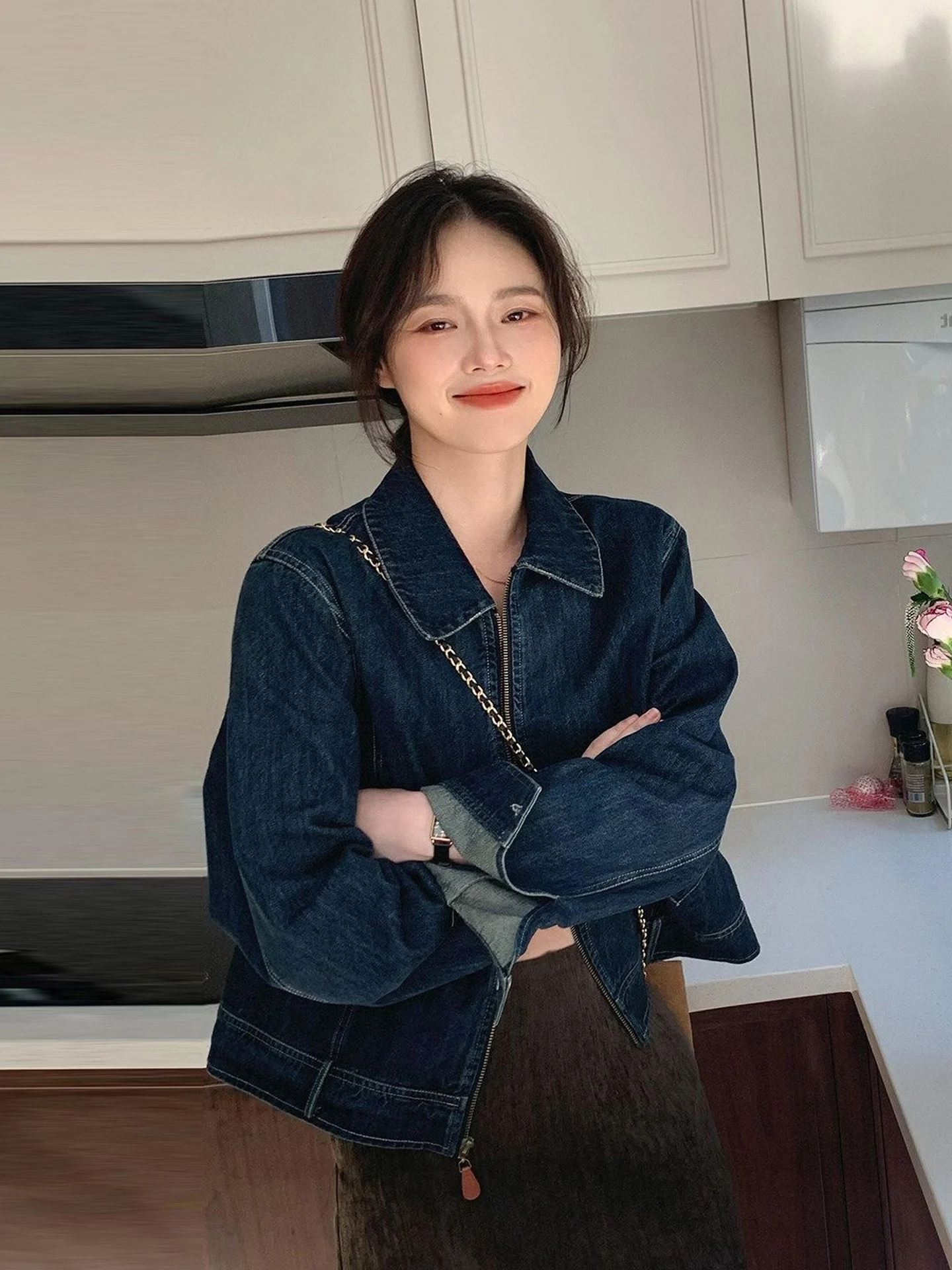 Korean Style Denim Chic Wind Jacket Women's Autumn New Elegant Popular Unique Beautiful Coat Top Zipper Pocket Denim Fabric