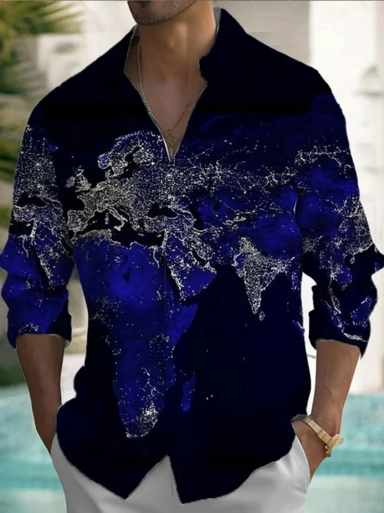 Männer Welt 3D Druck Tasche Langarm Hemd Urlaub Herbst Revers Kragen Büro Männlich Tops Mode 2025, Pendeln Tuniken Kleidung