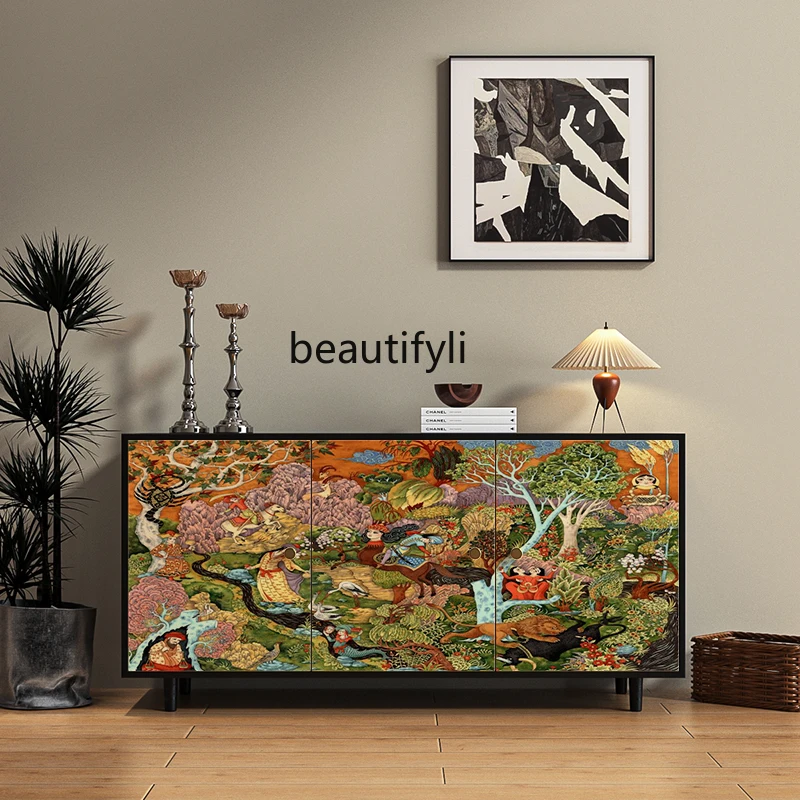 

French retro medieval style solid wood decoration, storage dining side, bedside and tail integrated storage cabinet wall cabinet