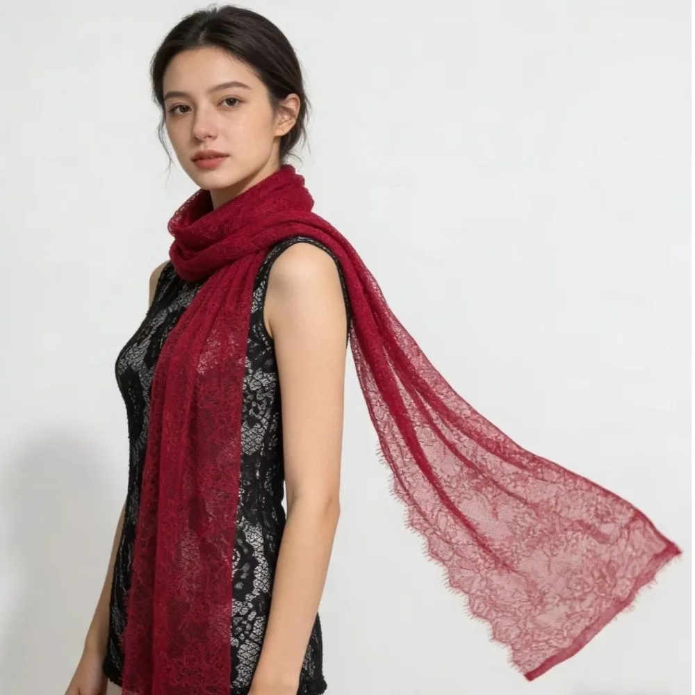 

Retro Long Lace Scarf Mesh Solid Color Flower Embroidered Veil Lightweight Breathable Wedding Poncho Stoles