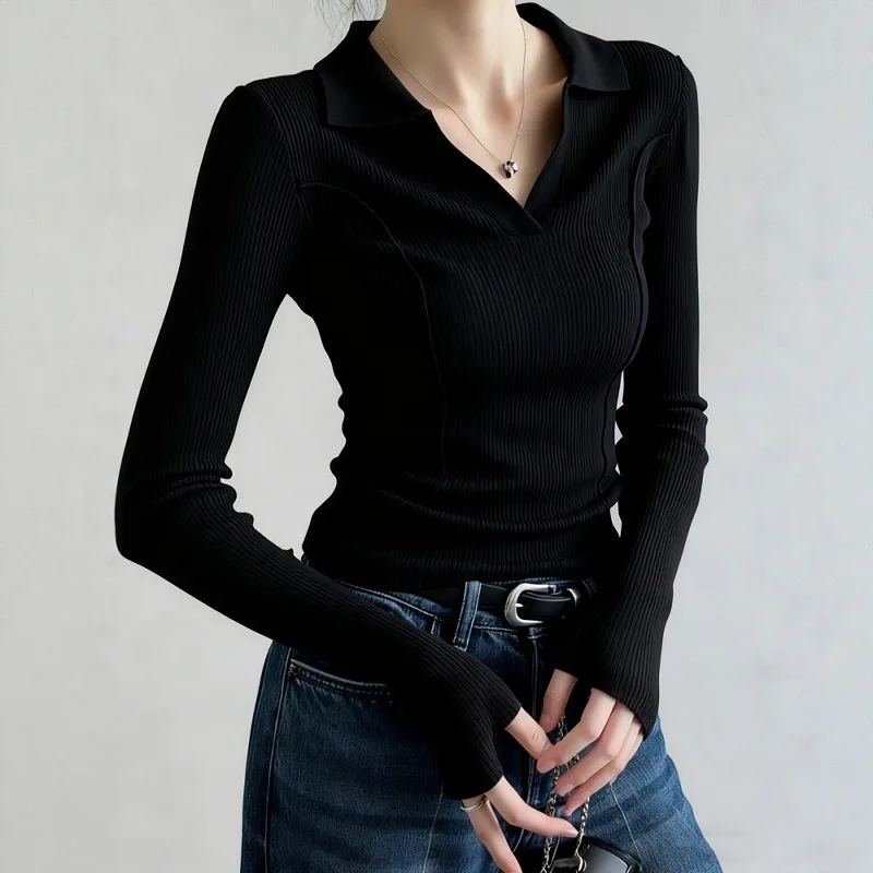 2026 New Autumn Winter Women French Style Black Polo Collar Knit Top Elegant Long‑Sleeve Sweater Inner Wear Sophisticated Blouse