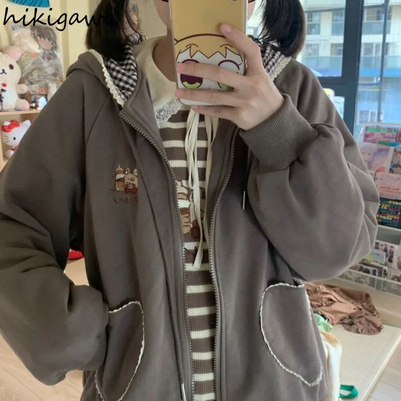 Japanese Hoodies Coat 2024 Women's Clothing Cute Bear Ears Zipper Y2k Jackets Casual Fashion Hooded Sweatshirts Tops Ropa Mujer