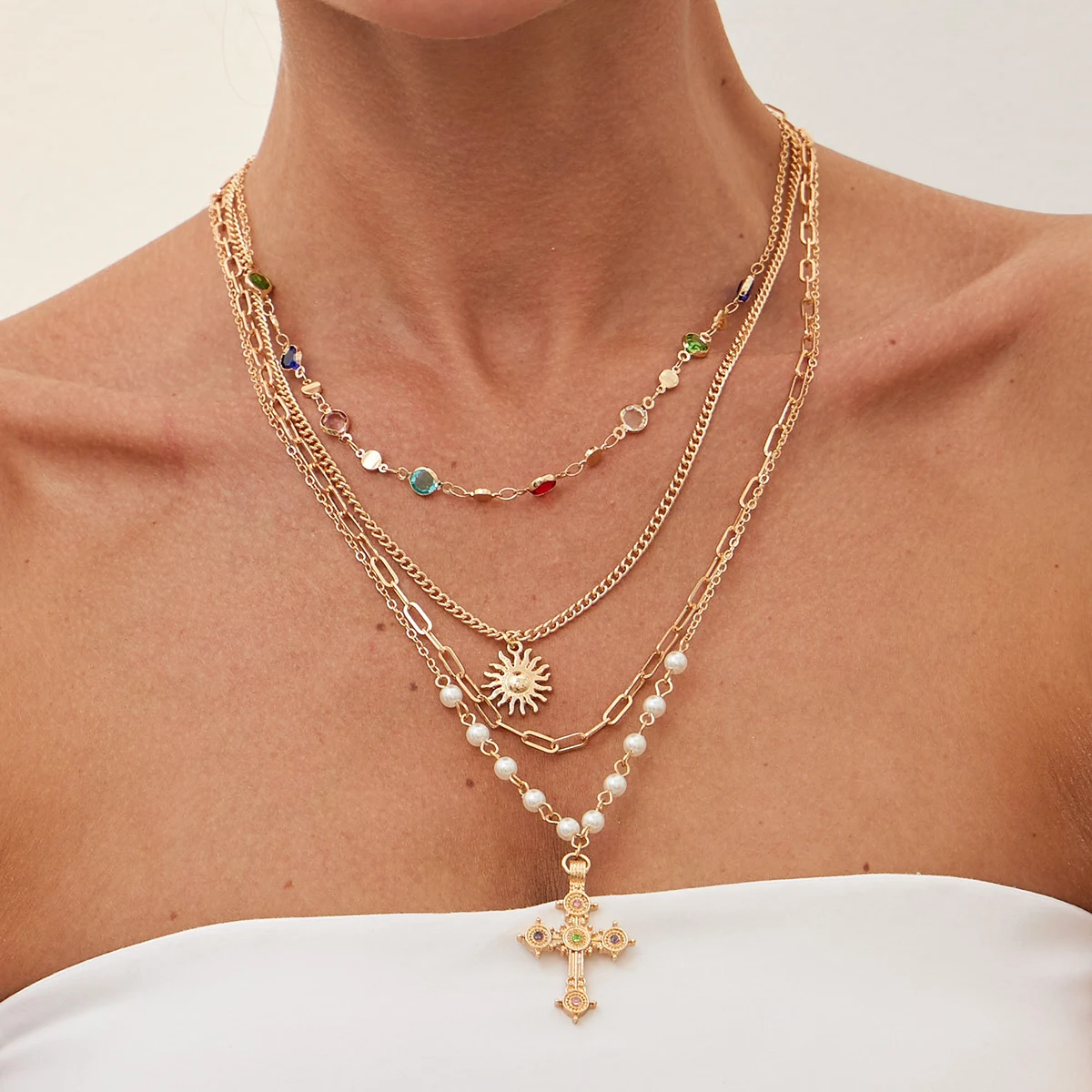 SHIXIN 4-teiliges Set Sonne Jesus Kreuz Anhänger Halskette für Frauen Böhmischer Bunter Kristall Imitationsperlen Choker Schmuck für den Hals