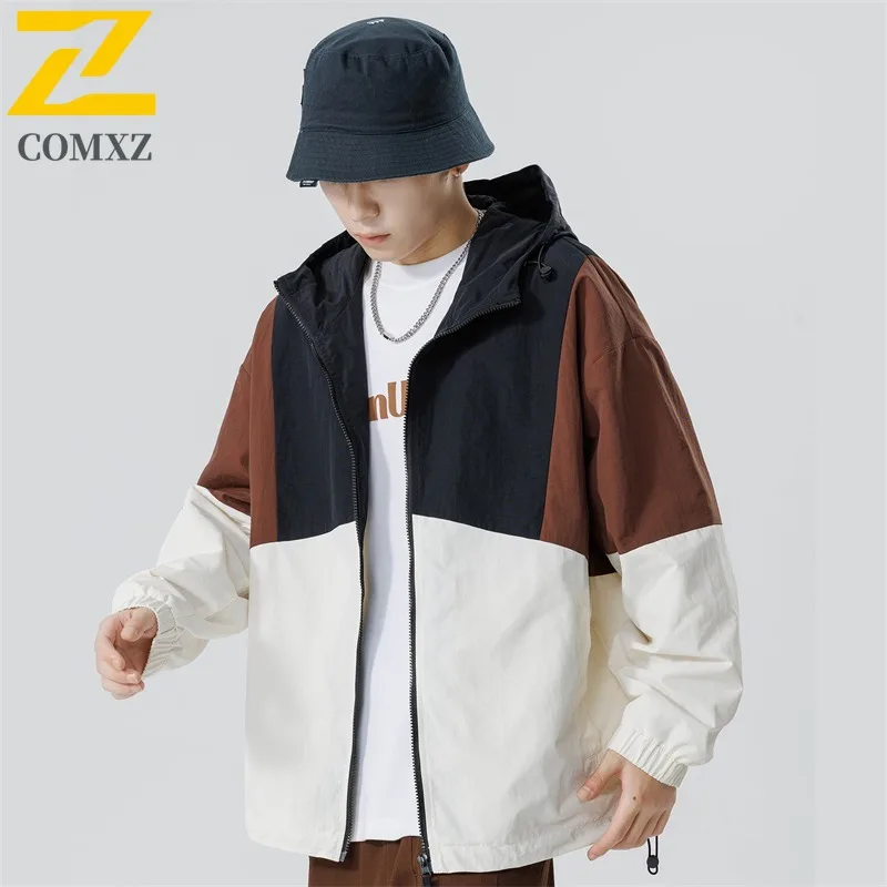

COMXZ 2025 Mens Color Block Nylon Workwear Jacket Minimalist Vintage Two Tone Unisex Casual Streetwear Coat