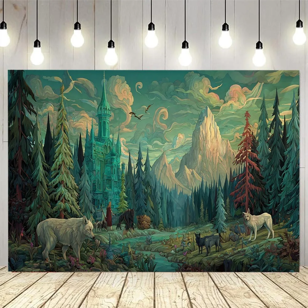 Image 7: Tapisserie murale psychédélique Forêt avec motif animaux (Loup, Phénix, Cerf) - Décoration murale en tissu pour la maison, les fêtes et les clubs