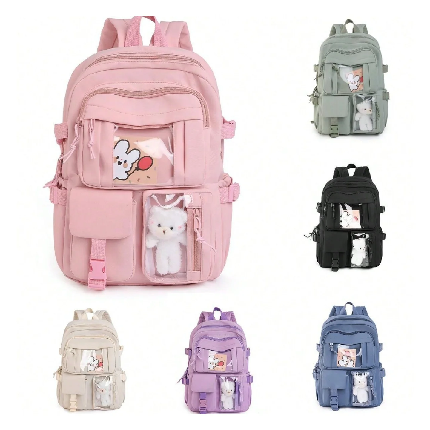 

Cute Casual Student Backpack Canvas Multi-Pocket Lightweight Large Capacity Foldable Elementary Middle School Bag