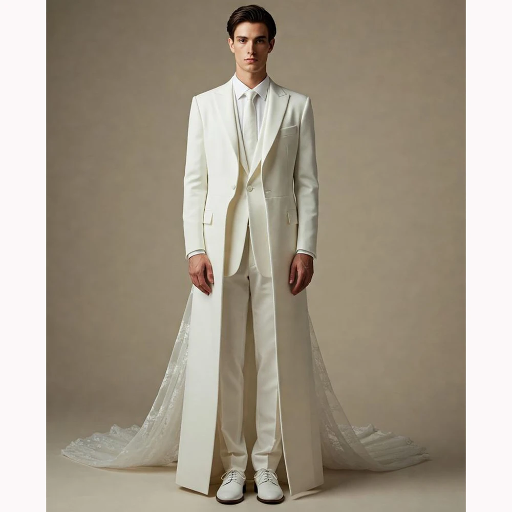 

White Men Suits Customized Long Coat with Lace Single-grain Buckle 3 Pieces(Jacket+Pants+Vest) Formal Wedding Groom's Suit