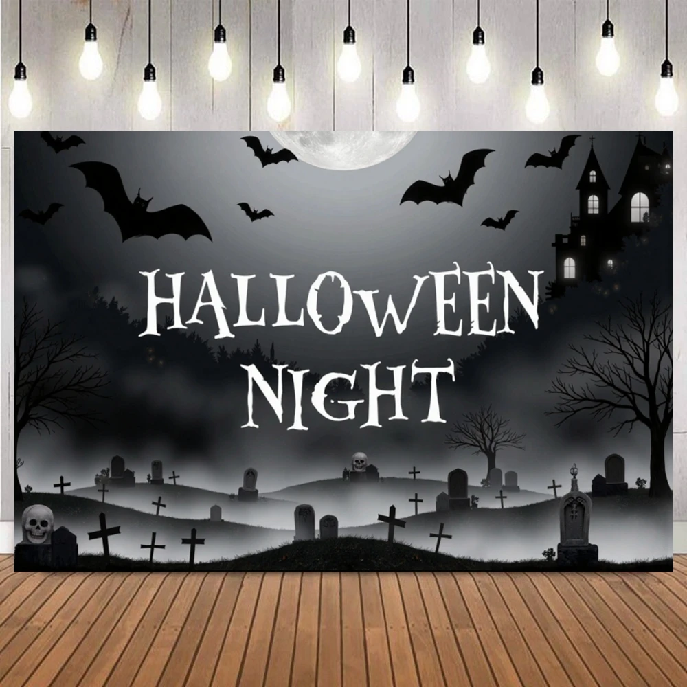 

Halloween Full Moon Night Theme Backdrop Pumpkin Lantern Tree Castle Fog Cemetery Owl Cat Party Birthday Deco Background Photo