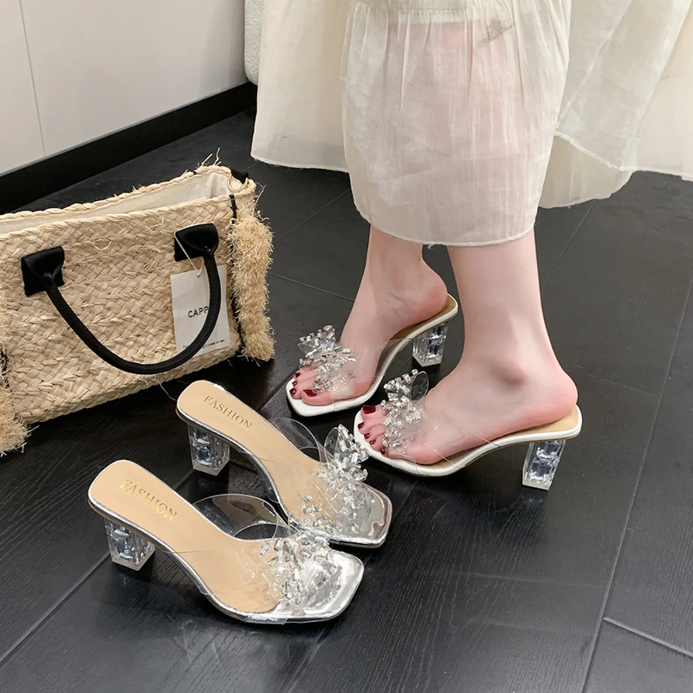 

2026 New Women's Rhinestone Bow Heeled Slides, Transparent Strap Crystal Block Heel Mules, Evening Party Shoes