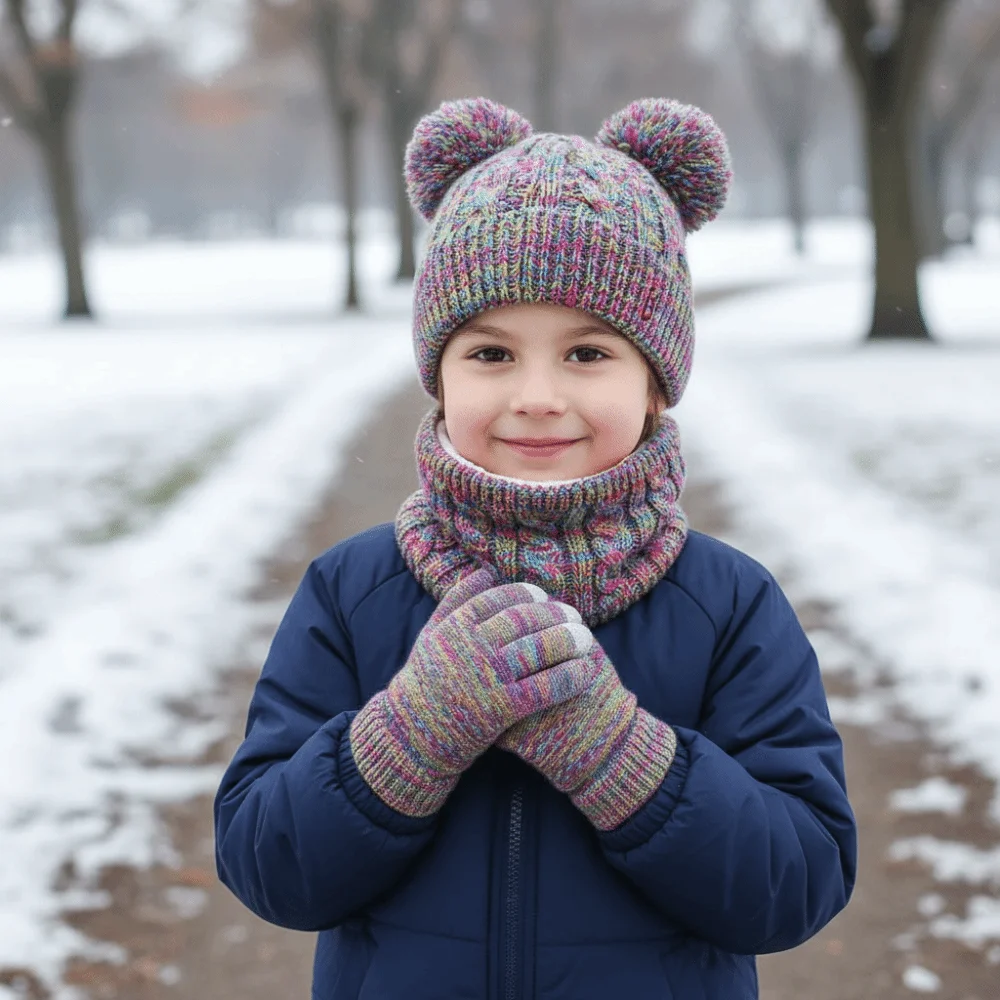 

Casual Cute Pompom Baby Hat Scarf Gloves Set Warm Ears Thickened Toddler Knitted Hats with Velvet Multicolor Hat Set Daily