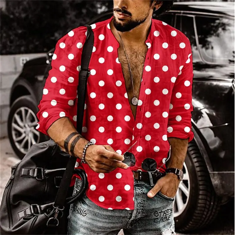 Men\'s ruby red long sleeve polka dot stand collar outdoor street buttoned clothing fashionable casual breathable and comfortable