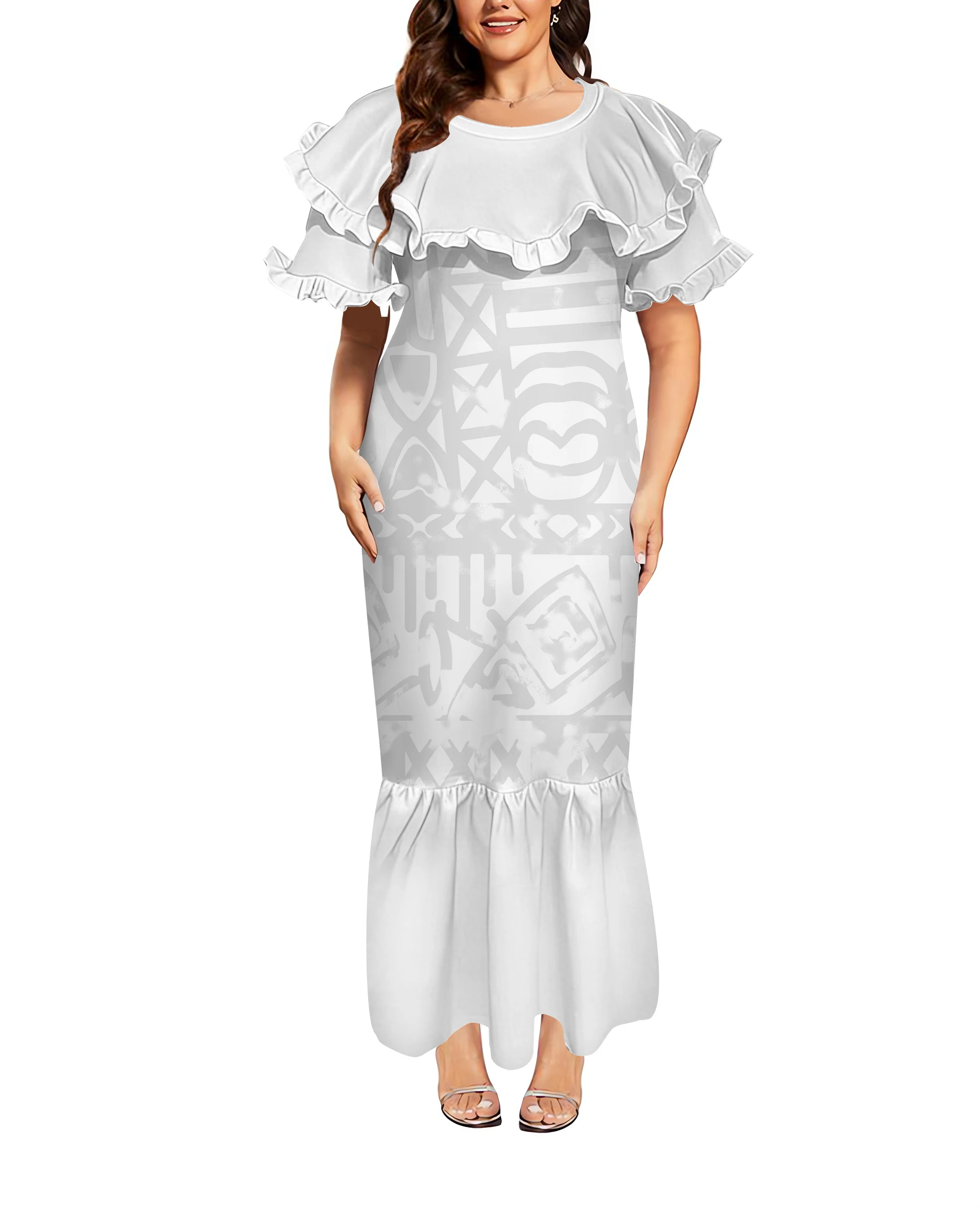 

Новое женское платье в полинезийском стиле 2026 года на заказ — с круглым вырезом и струящимися кружевными рукавами — белое платье для выходных ко Дню матери