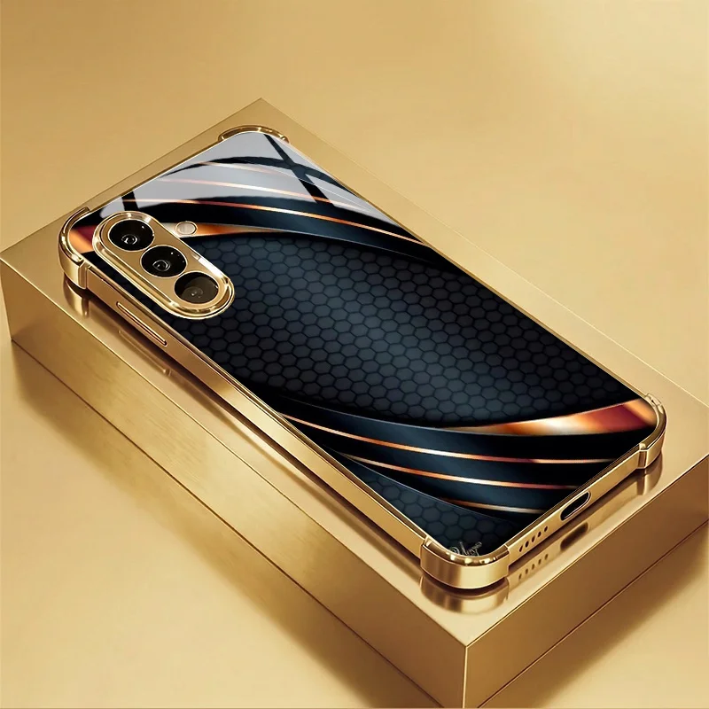 Black gold gilded honeycomb pattern glass phone case suitable for Samsung Galaxy S26 S25 S24 S22 S21 S20 FE/Ultra/Plus anti drop