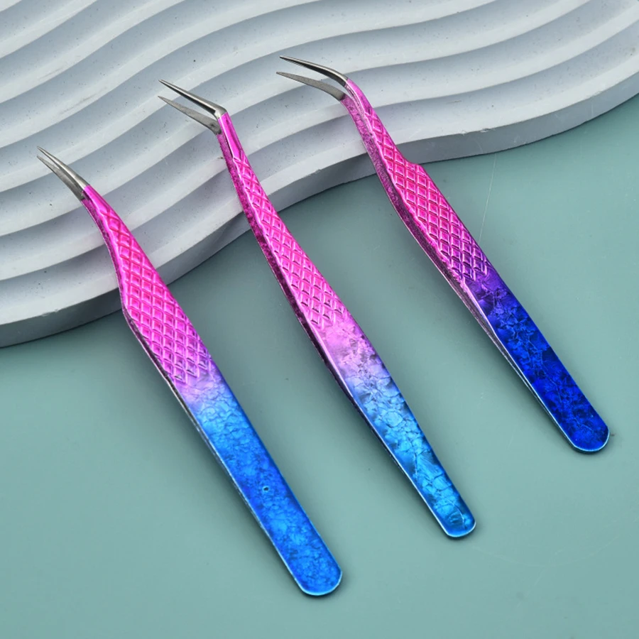 Pince à épiler dégradée rouge et bleue pour greffage de cils, en acier inoxydable de haute précision, 1 pièce
