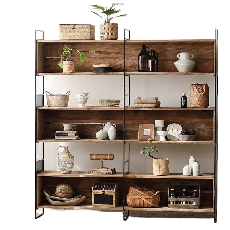 American retro wrought iron shelf old pine three grid bookcase solid wood book
