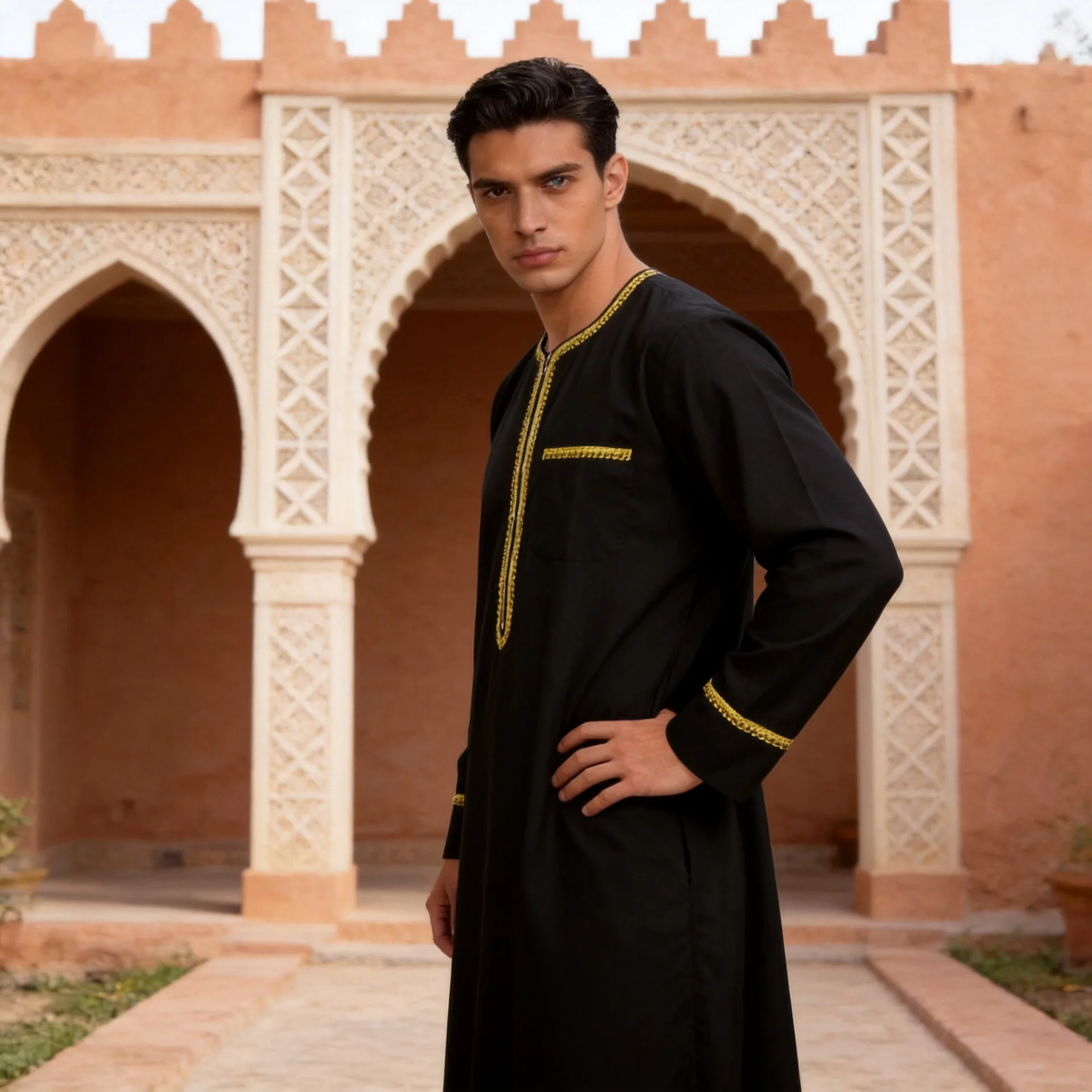 Loose Men's Ankle-length Robe Indonesian Style Long-sleeve Gown Skin-friendly Breathable Large Size Ceremonial Casual Cover-up
