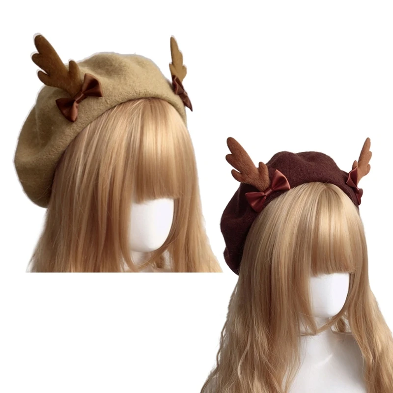 Fashion Girl Antler Wool Painter Hat Vintage Deer Antlers Biscuits for Girl Women Costume Headwear