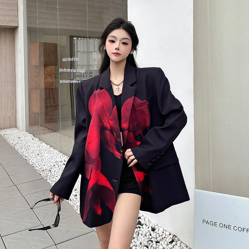 Women's 2025 Spring Autumn Contrast Color Blazers Women's High-end Printed Design Tailored Coats Trendy Female Suit Jackets Tops