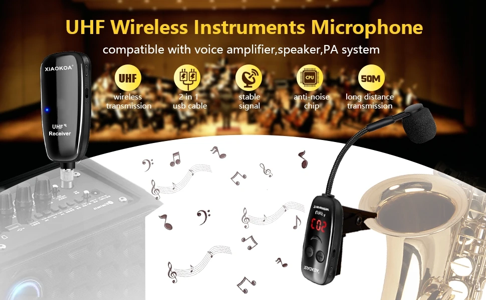 XIAOKOA UHF Wireless Instruments Saxophon-Mikrofon, kabelloser Empfänger, Sender, 160 Fuß Reichweite, Plug-and-Play, ideal für Trompeten – Detail 1