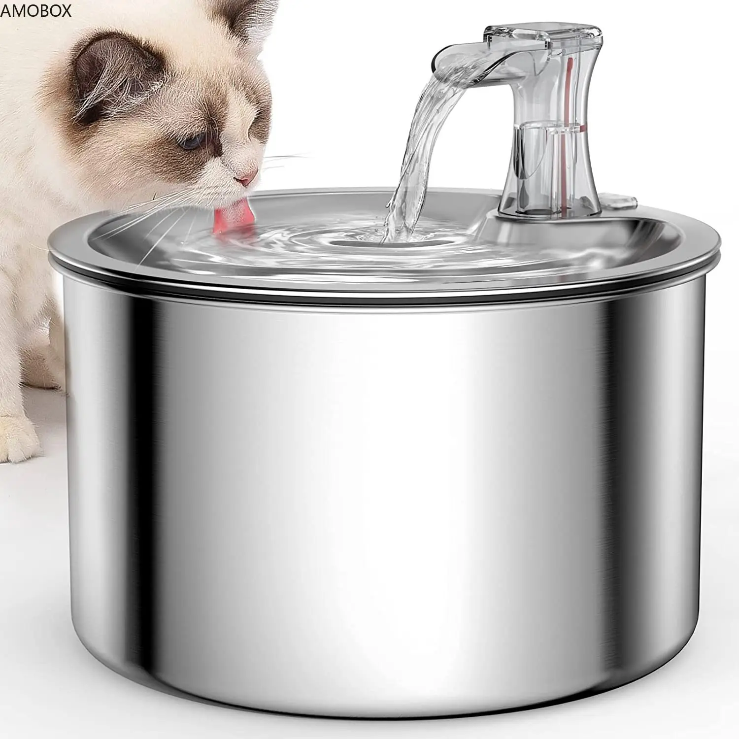 AMOBOX-Cat Water Fountain with Filters for Pets,Stainless Steel,Ultra Quiet Dog Water Bowl, Indoor Pet Water Dispenser, 68oz/ 2L