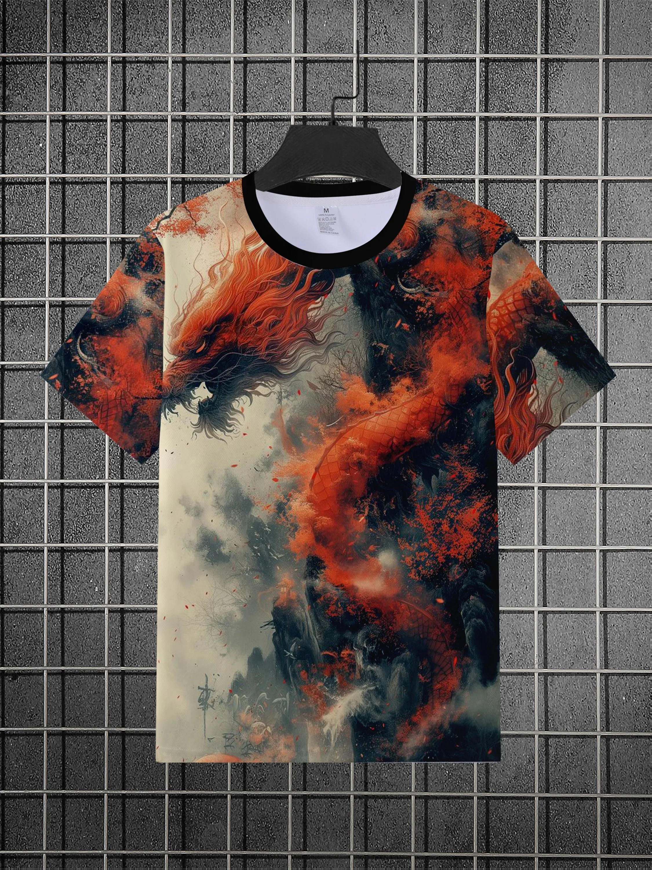 Men Red Dark Gray Ink Fluid Marbling Print Black Crew Neck Short Sleeve T-shirt