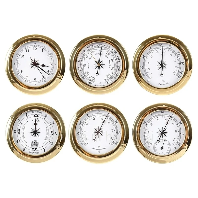 115Mm Copper Shell Marine Barometer Atmospheric Pressure Gauge Thermohygrometer Clock 4-piece Set Battery-Free Weather Forecast