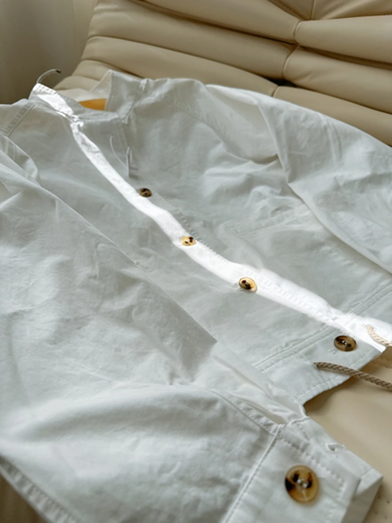 Waed Cotton Lightweight Stand Collar irt Jaet Dstring Waist ort Sle for Women Simple Faion Spring Season