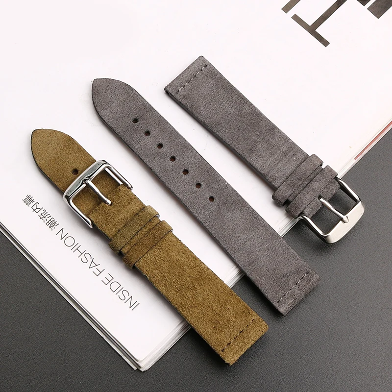 16mm 18mm 20mm 22mm Frosted Suede Vintage Genuine Leather Bracelet for Tissot Tudor Watchband Soft Watch Strap Black Brown Khaki