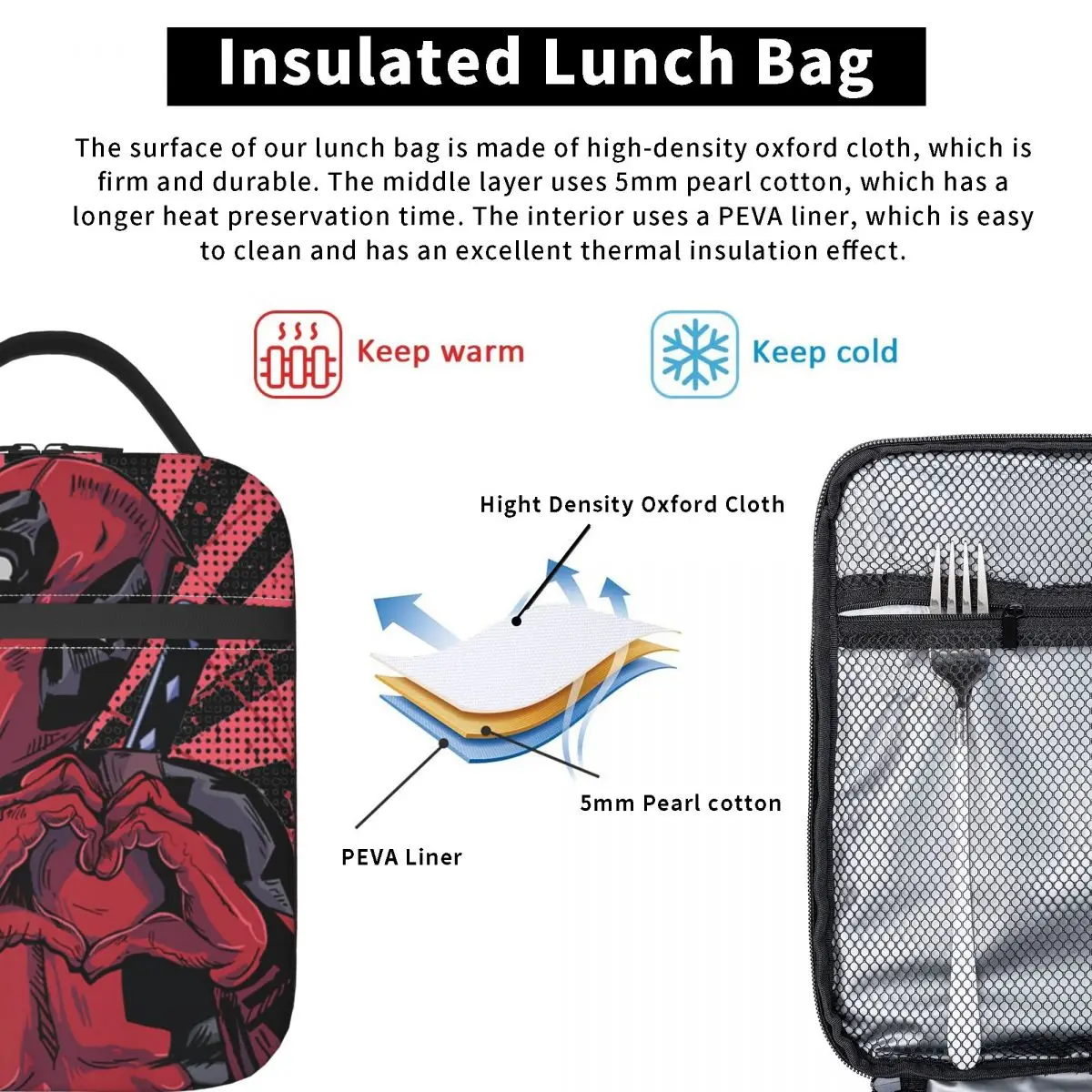 Sac à lunch Deadpool isolé à la main, boîte thermique portable, poudrier Bento pour l'école et l'extérieur