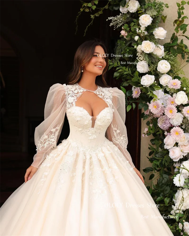 OLOEY Suknie Ślubne w Stylu Vintage w Linii A z Żakietem Bufiaste Długie Rękawy Koronkowe Aplikacje Suknie dla Panny Młodej Robe de mariage Vestidos 2023