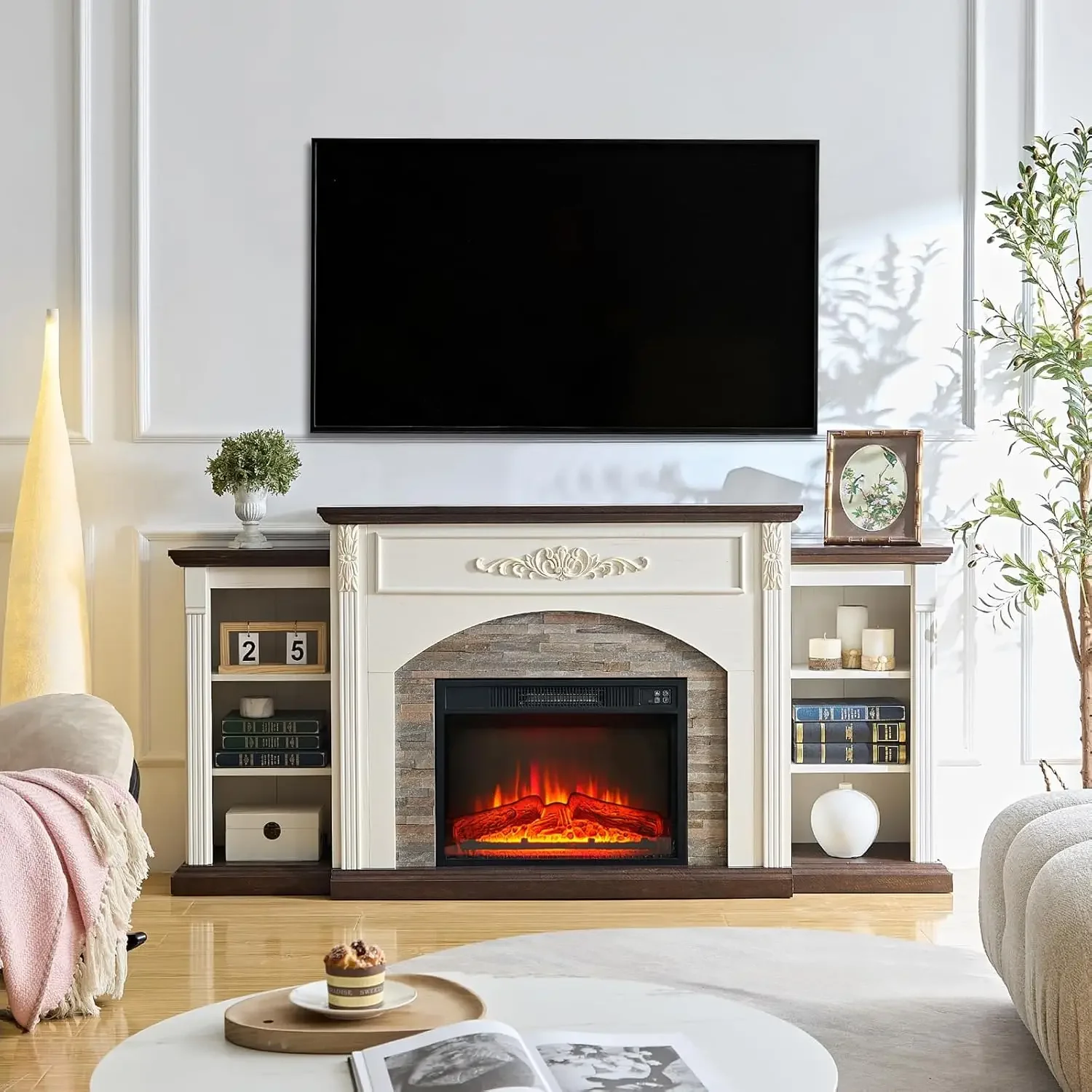 72" Electric Fireplace with Mantel, White TV Stand for TVs Up to 80 Inch, Farmhouse Entertainment Center with Storage for Bedroo