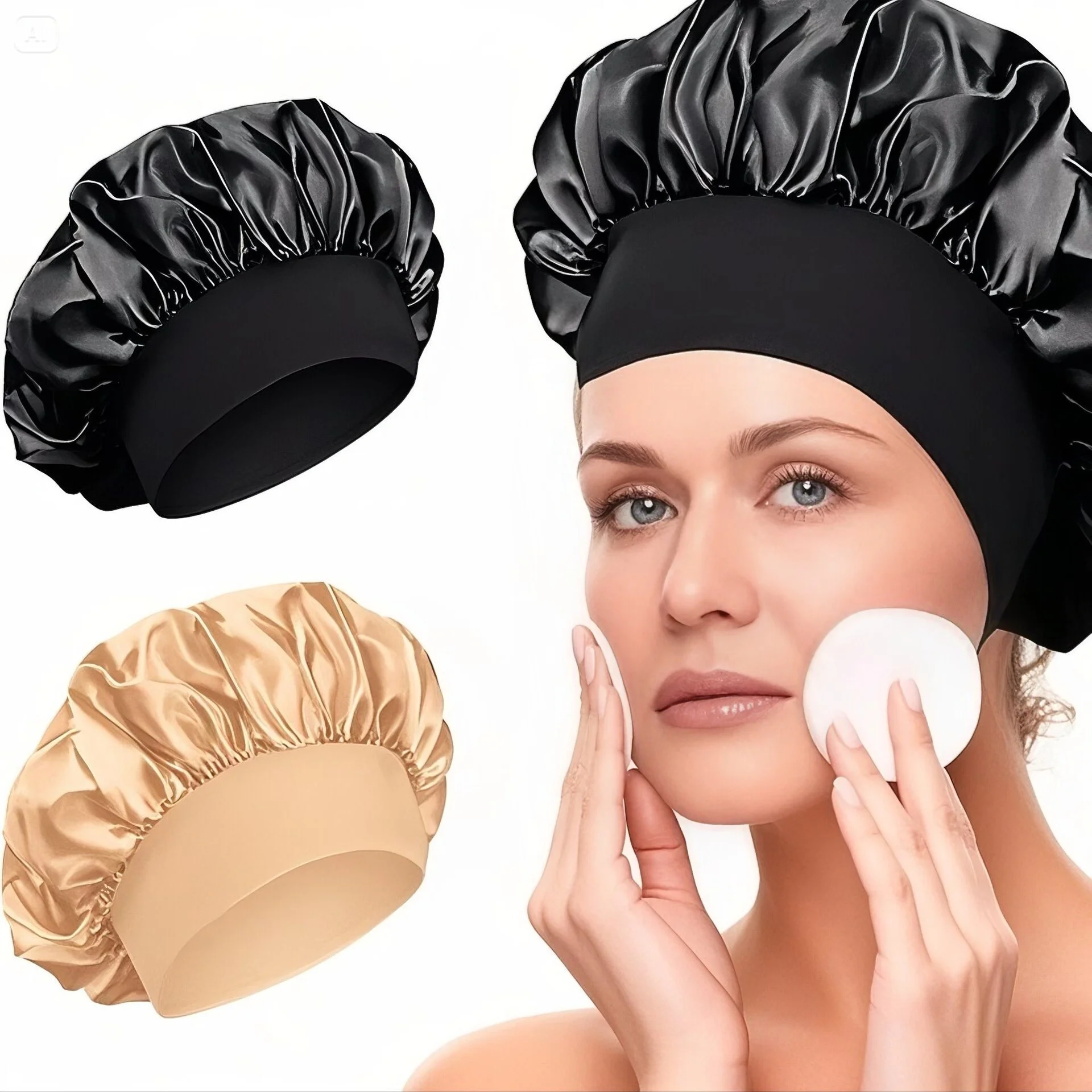 Premium Satin Sleep Cap for Women High Elastic Wide Band Hair Care Bonnet Shower Hat Pure Handmade Daily Night Multi-Use image 2
