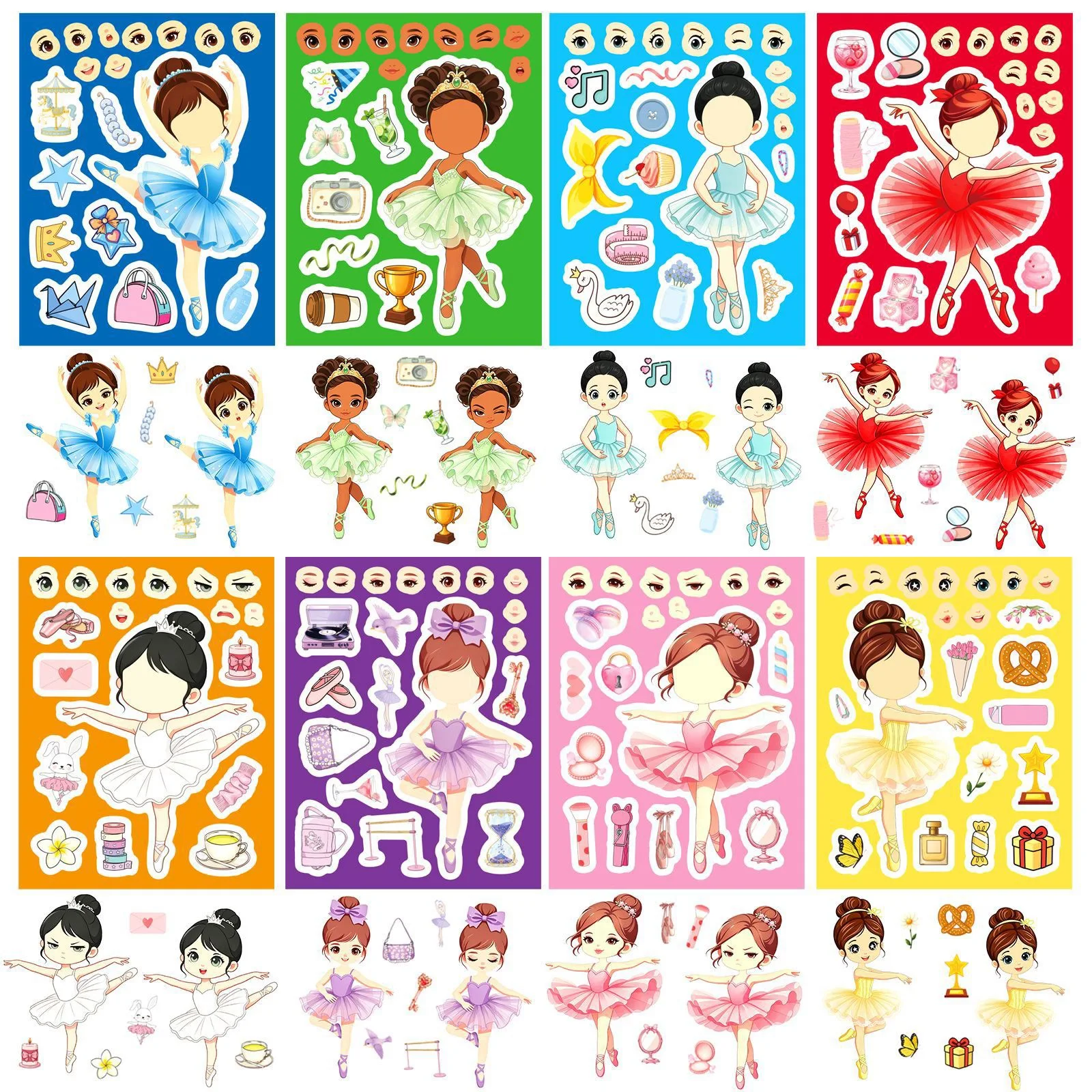 8/16Sheets Cute Ballet Princess Puzzle Stickers Make a Face Children DIY Toys Assemble Sticker Party Favor Gifts