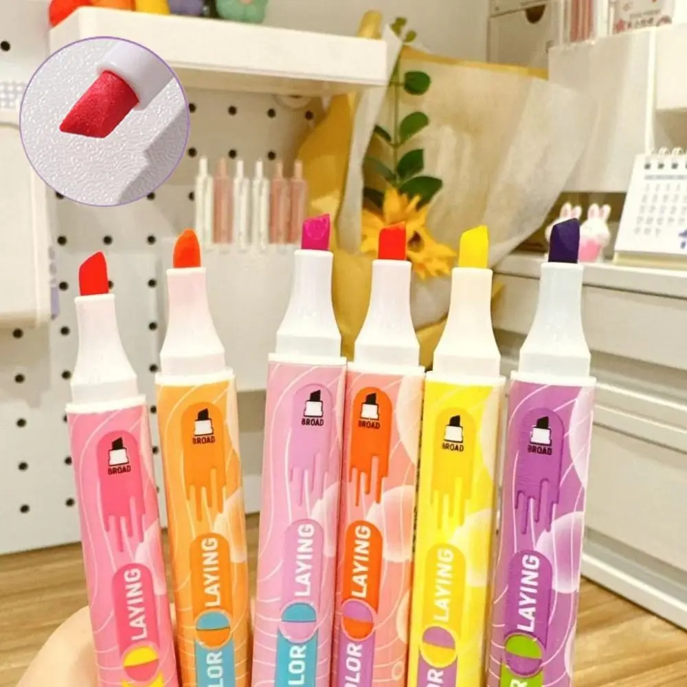 

6Pcs/Set Round/Slanted Ended Double-ended Highlighter Stackable Color Quick-drying Smooth Writing Marker Pen Color Painting Pen