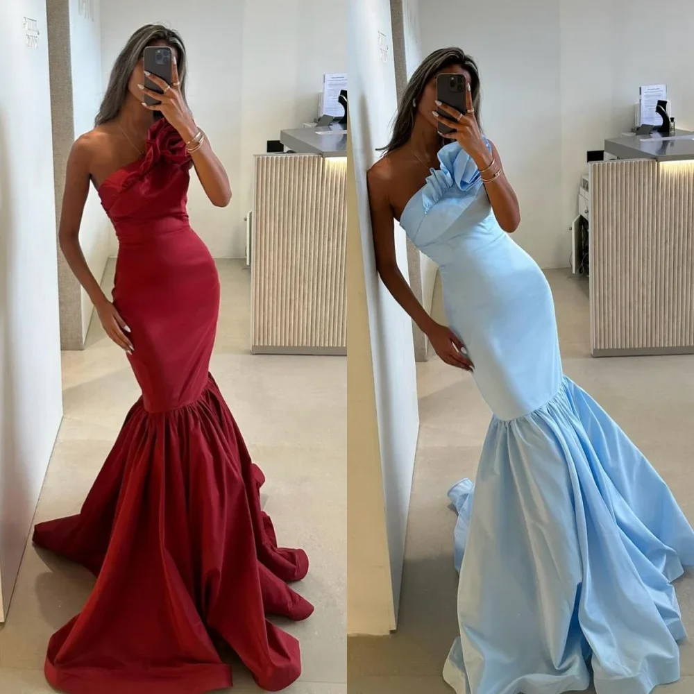 Customized Classic Jersey Pleat Flower Mermaid One-shoulder Long Dresses Bespoke Occasion Dresses Exquisite Modern Style Pastrol