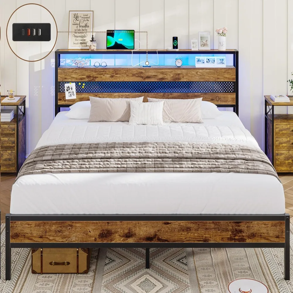 Lit 140 x 190 avec Sommier Métal, Cadre de Lit 140 x 190 avec LED et Multiprise (3 Ports USB et 1 Type-C),30cm Espace de Rangem
