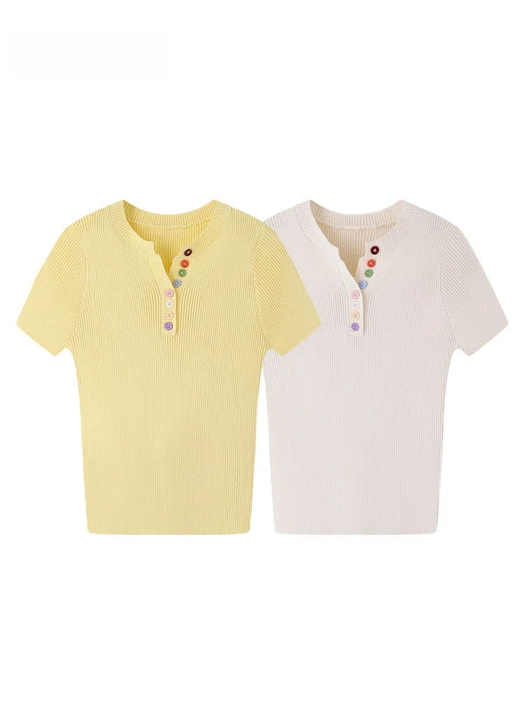 

JZZDEMM Slim Fit Knitted ort Sve Top f Open Collar Retro Sle Women's Summer Faion Casual Wear Viscose Nylon Blend