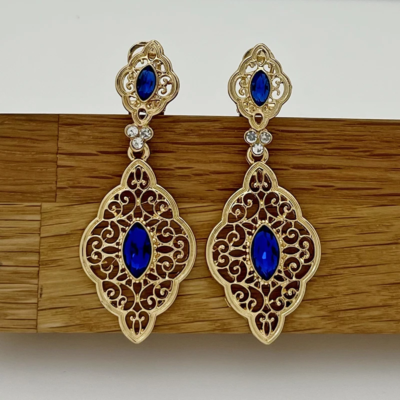 Royal Blue Water Drop Pendant Necklace Chain Gold Plated Jewelry Set Morocco Algeria Wedding Jewelry Birdal Luxury Wome Gifts