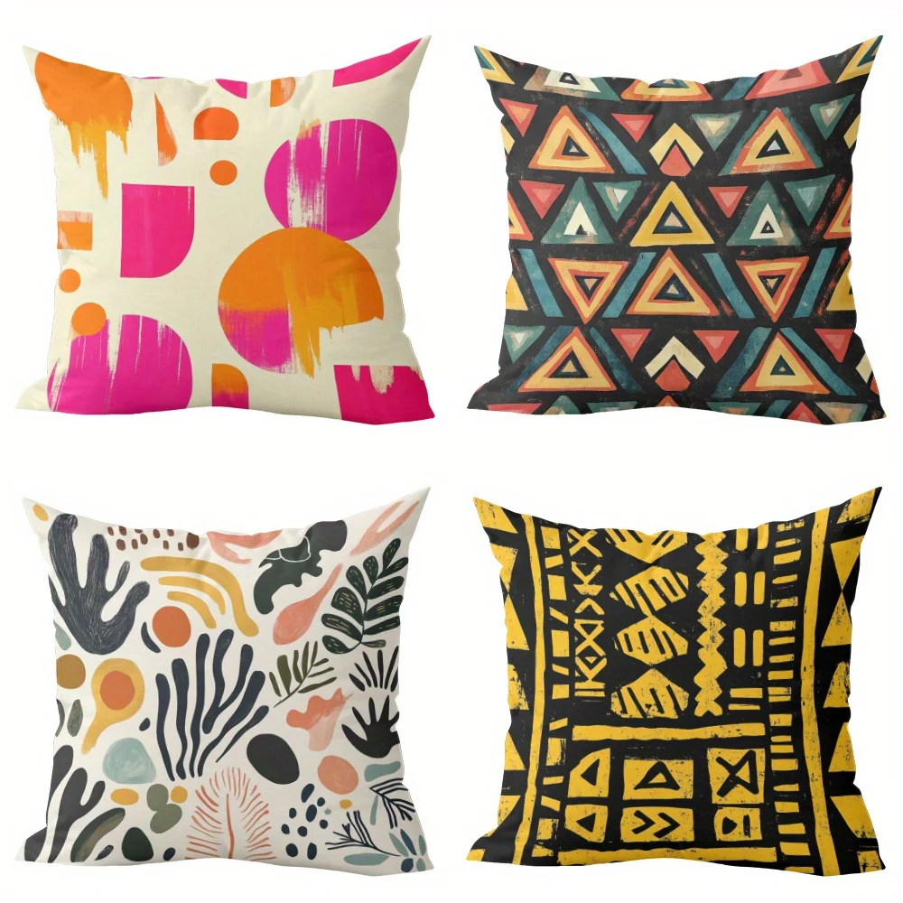 

4 шт. чехлов для подушек с ретро-этническими узорами, цифровая печать, короткий плюш, подходят для гостиных, спален, диванов, декоративные чехлы для подушек.