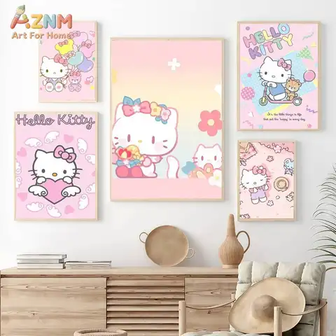 AZNM Hello Kitty Kawaii Sanrio Canvas Wall Art, Cute Cartoon Character Unframed Print Poster, Pink Sweet Flower Themed Canvas Pa
