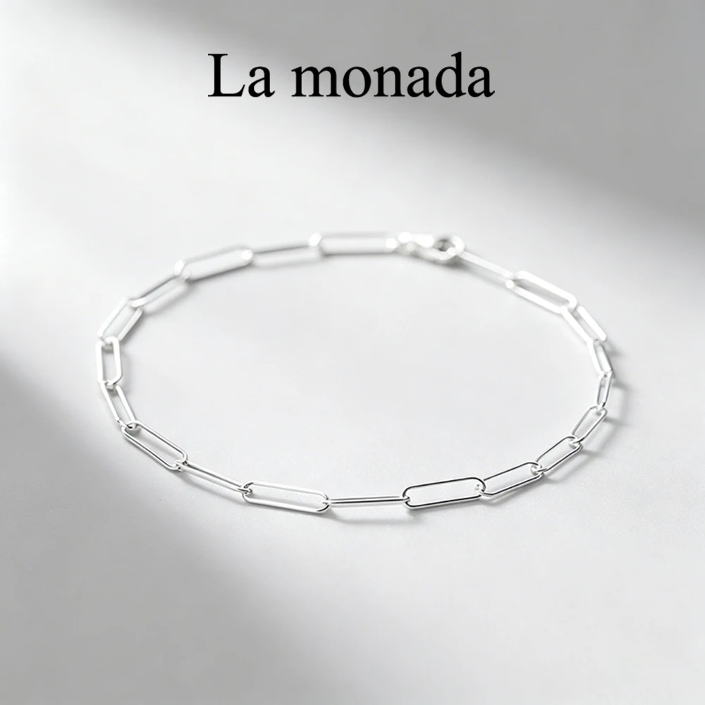 Bransoletka La Monada ze srebra próby 925, minimalistyczna bransoletka z łańcuszkiem typu paperclip, elegancki srebrny łańcuszek z zapięciem na zamek, modna, delikatna biżuteria F