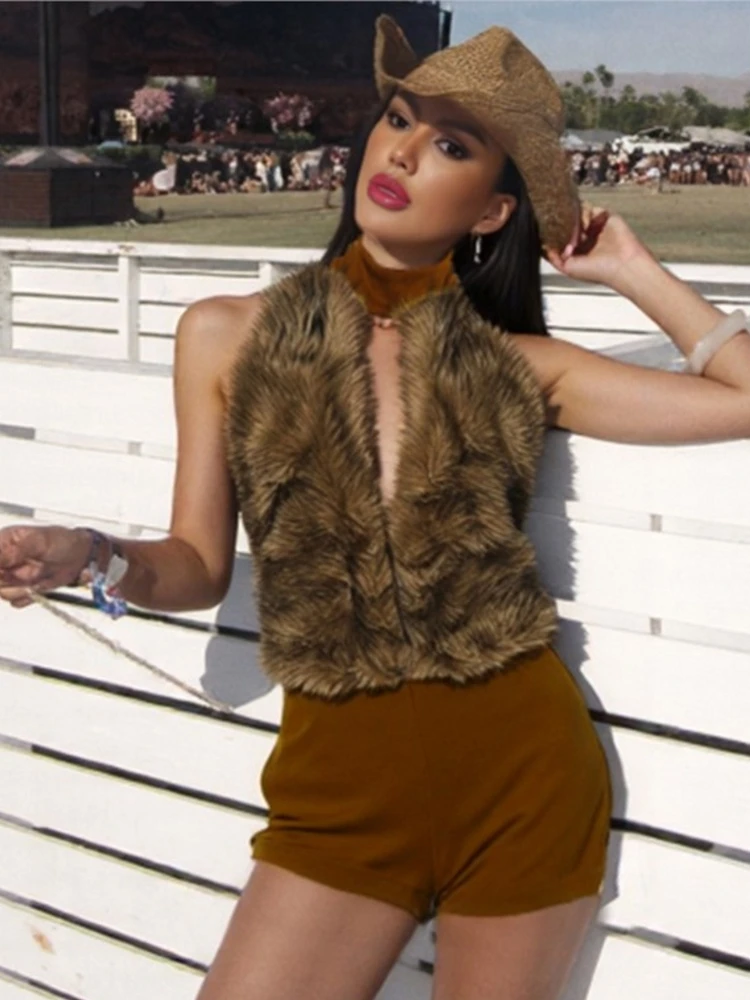 

Женские комбинезоны на осень-зиму, комбинезоны без рукавов с открытой спиной, коричневые свободные модные уличные комбинезоны, шорты, брюки 2025